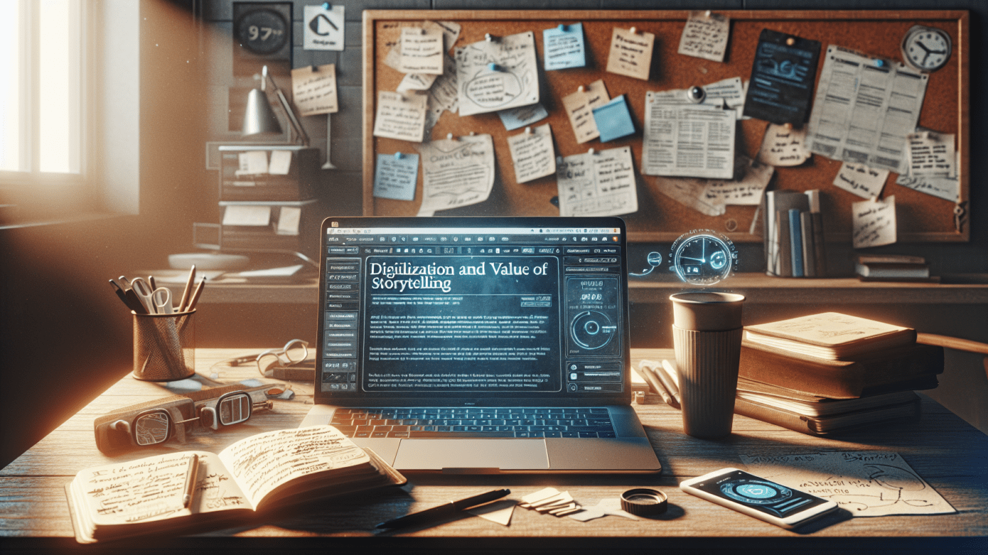 Crafting Tales in the Digital Age Simplified 1 Laptop displaying storytelling article on a cluttered desk with notes and soft indoor lighting.2024-05-02T03:33:10.684Z