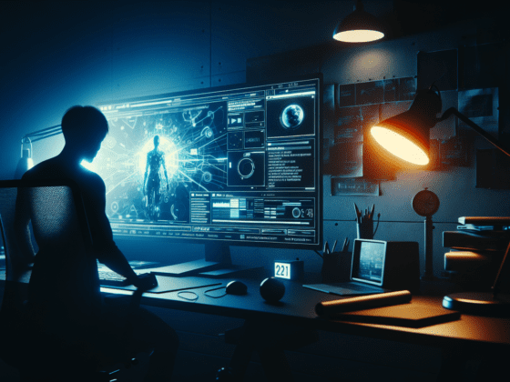 Silhouetted figure before a monitor displaying AI and video graphics in a tech-laden studio.2024-05-03T03:32:50.987Z