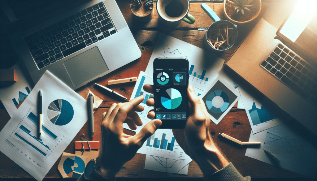 Social Media Brand Marketing Made Easy 1 Marketer's hands on iPhone with analytics, cluttered desk with notes and laptop, soft lighting.2024-05-06T03:32:39.206Z