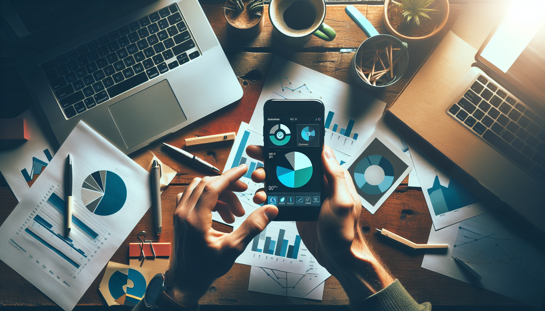 Marketer's hands on iPhone with analytics, cluttered desk with notes and laptop, soft lighting.2024-05-06T03:32:39.206Z