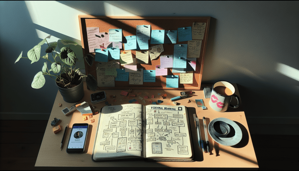 Grow a brand with these how-to steps 1 "Workspace with a guide to personal branding, natural light, subtle shadows, and a vibrant plant."2024-05-07T03:32:55.383Z