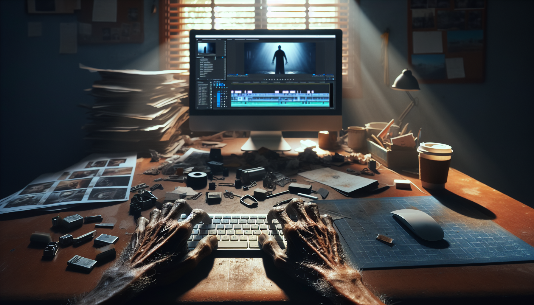 Aged hands over keyboard amidst storyboards and notes in a cluttered, creative desk space.2024-05-09T03:33:11.767Z