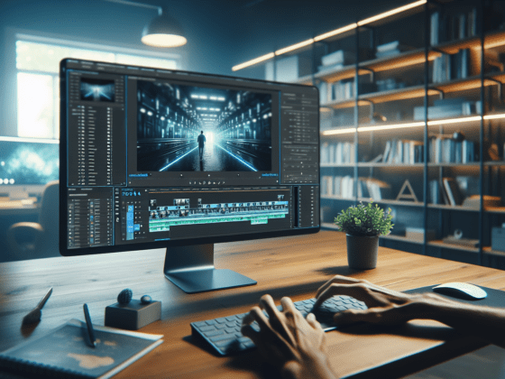 "Straight-on view of a video editor using AI tools on screen, ambient office lighting, active typing hands."2024-05-10T03:33:18.395Z