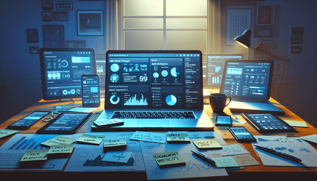 Social media brand marketing and analytics-tools 1 Cluttered home office desk with devices showing analytics, ambient lighting, coffee, and marketing notes.2024-05-13T03:32:58.532Z