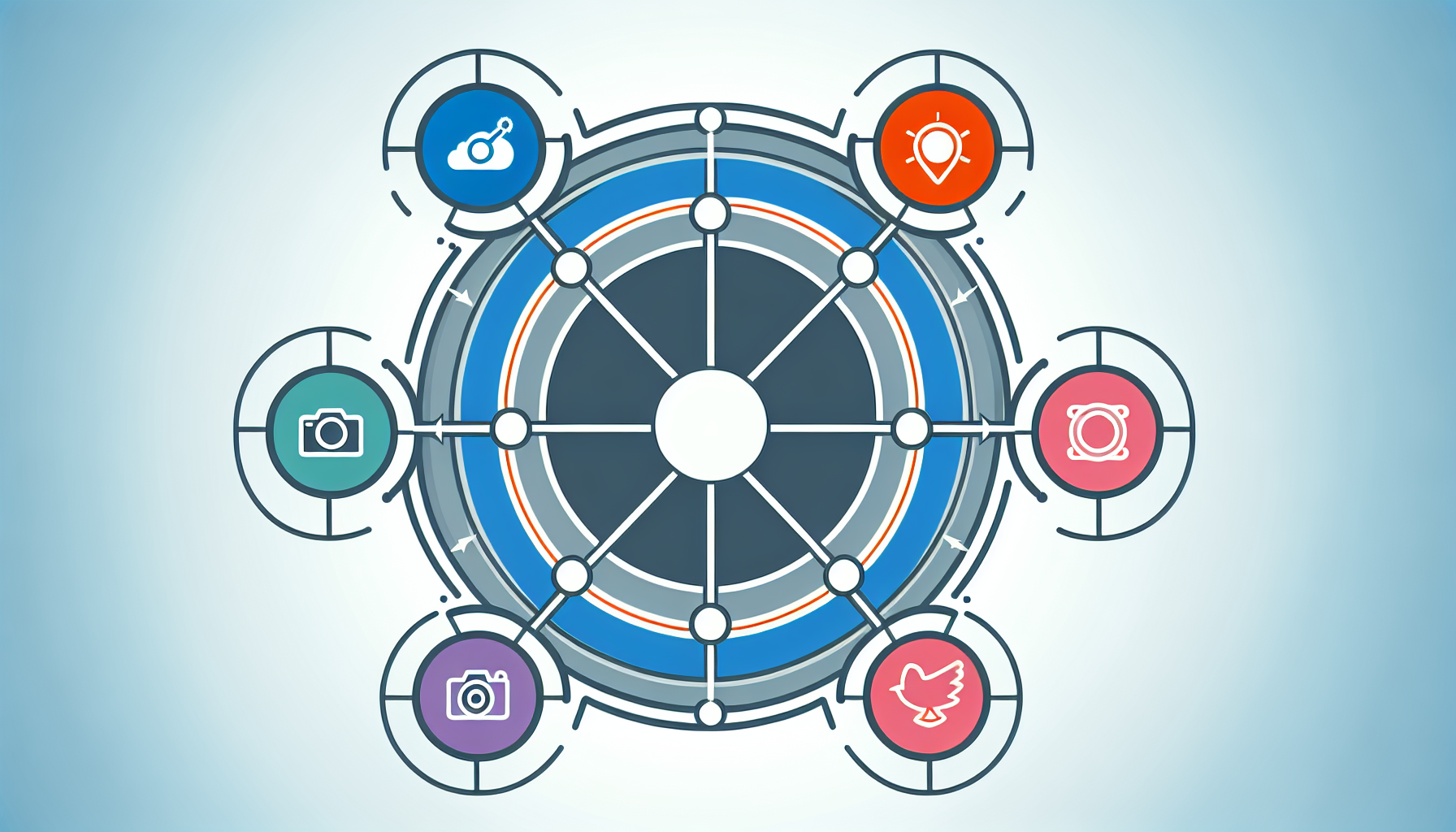 Diagram of "Social Media Insights" with spokes linking to Facebook, Instagram, Twitter, LinkedIn, Pinterest nodes.2024-05-15T03:45:56.850Z