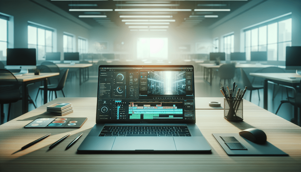 Straight-on view of a modern workspace with a laptop running AI-enhanced video editing software.2024-05-17T03:32:53.342Z