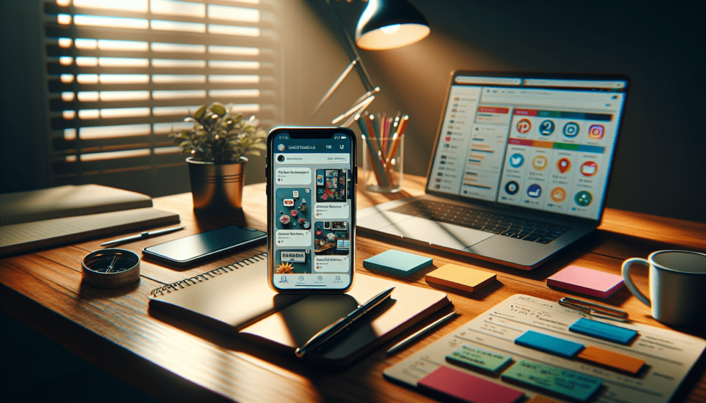 Social Media Brand Marketing: Be Seen & Shared 1 Social media strategist's desk with smartphone, colorful notes, and soft natural lighting.2024-05-20T03:32:20.542Z