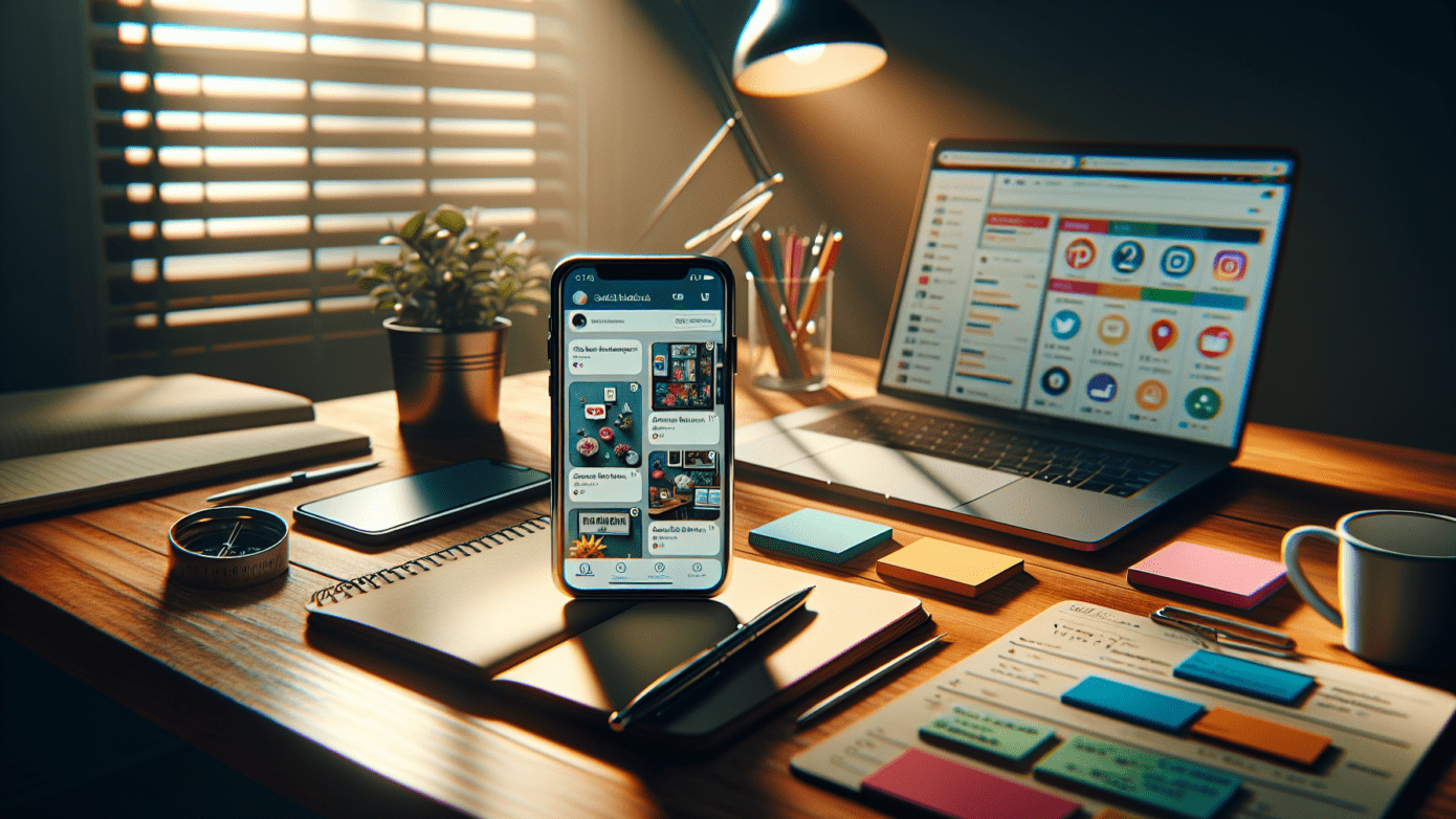 Social Media Brand Marketing: Be Seen & Shared 1 Social media strategist's desk with smartphone, colorful notes, and soft natural lighting.2024-05-20T03:32:20.542Z