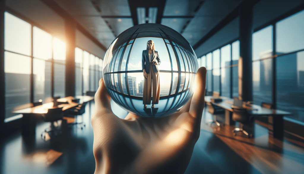Discover How Your Brand Shapes Your Future 1 Hand holding crystal ball with reflection of confident businessperson in a modern office.2024-05-21T13:41:40.681Z