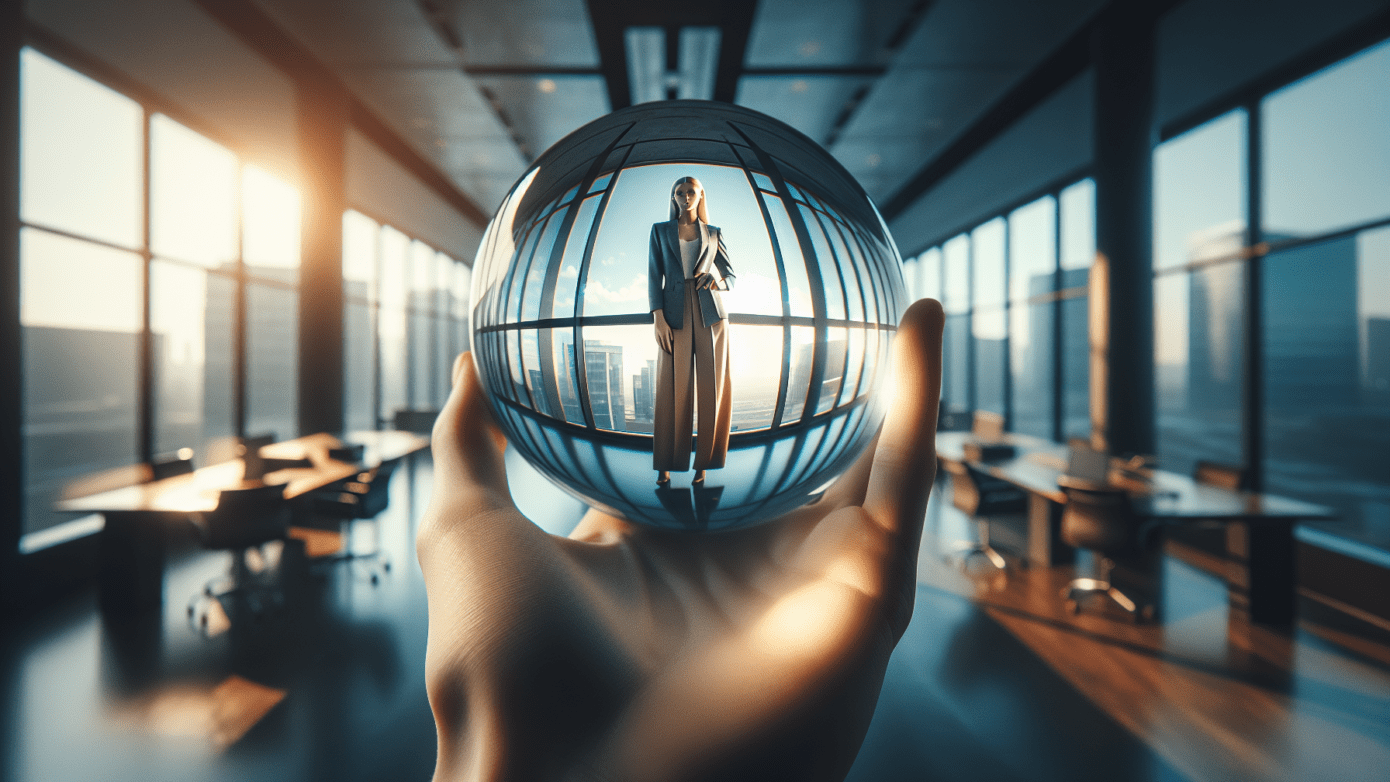 Discover How Your Brand Shapes Your Future 1 Hand holding crystal ball with reflection of confident businessperson in a modern office.2024-05-21T13:41:40.681Z