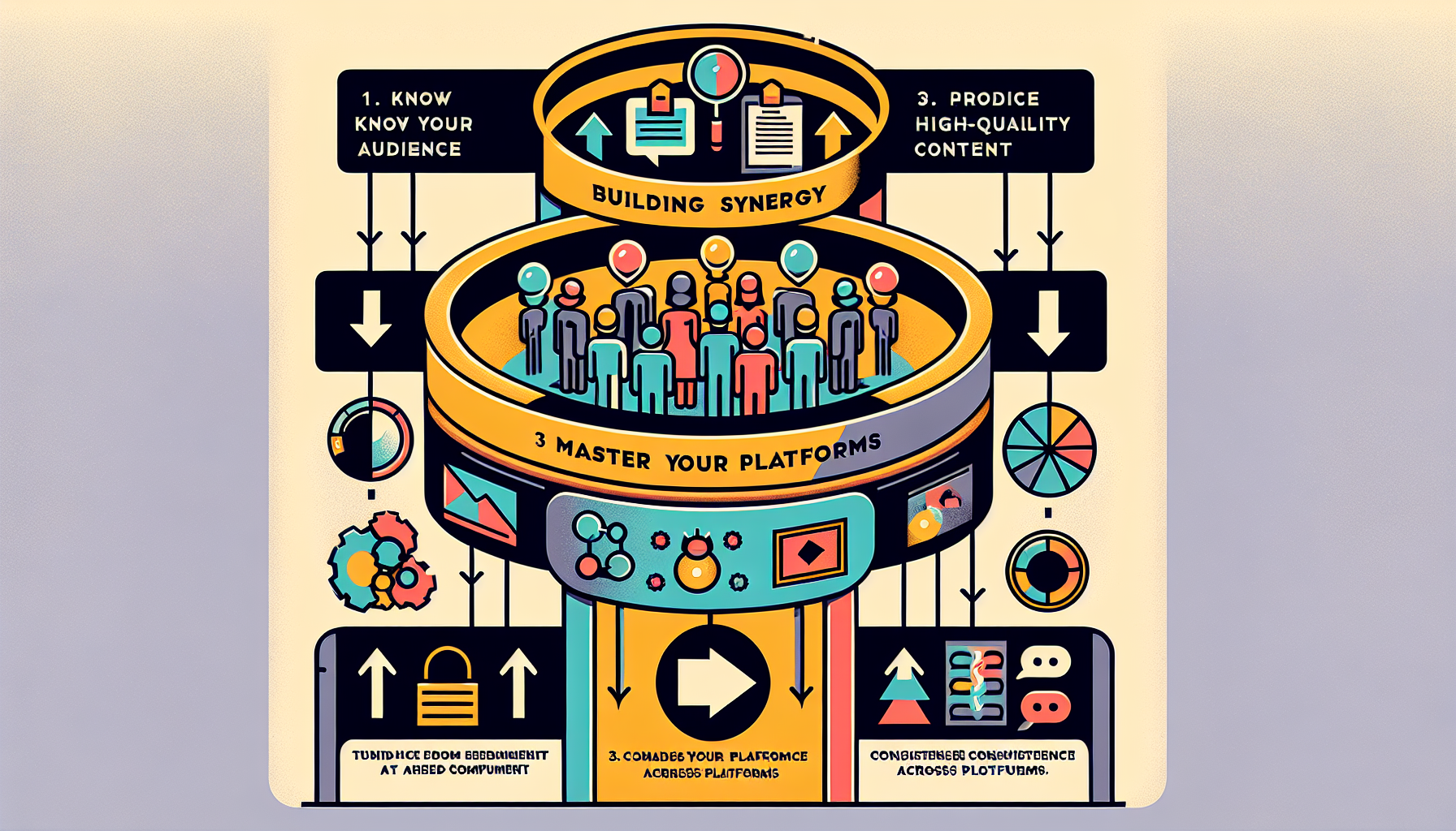 Infographic: 'Building Synergy' guide with steps: audience knowledge, content production, and platform mastery.2024-05-22T03:32:48.131Z