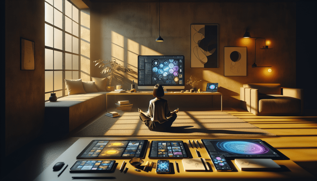 Learn How to Do Digital Storytelling 1 Young storyteller surrounded by tech in a softly lit minimalist study with colorful screens.2024-05-23T03:32:58.054Z