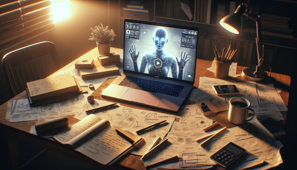 AI Video Generators: Are They Transforming Branding? 1 "Laptop with AI video project on cluttered desk contrasting traditional notes in soft-lit home office."2024-05-24T03:32:38.340Z
