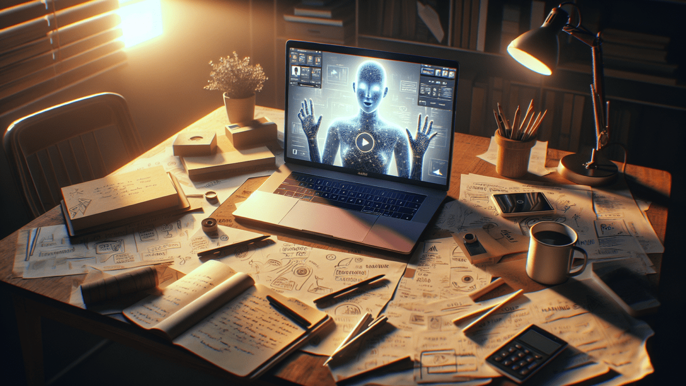 "Laptop with AI video project on cluttered desk contrasting traditional notes in soft-lit home office."2024-05-24T03:32:38.340Z