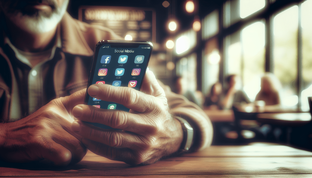 Middle-aged hands holding a smartphone with blurred colorful social media icons on the screen.2024-05-27T03:32:42.092Z