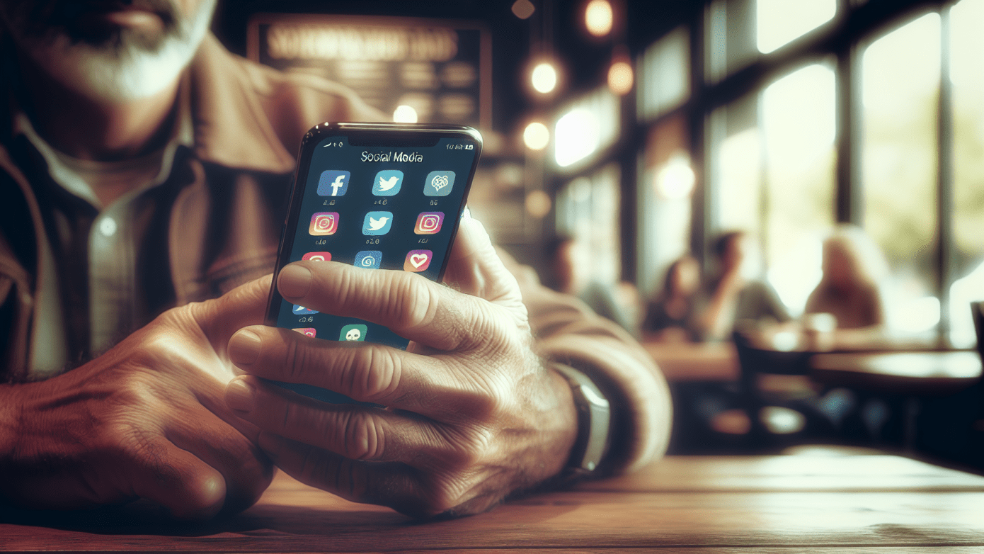 Social Media Brand Marketing Grows Fast 1 Middle-aged hands holding a smartphone with blurred colorful social media icons on the screen.2024-05-27T03:32:42.092Z