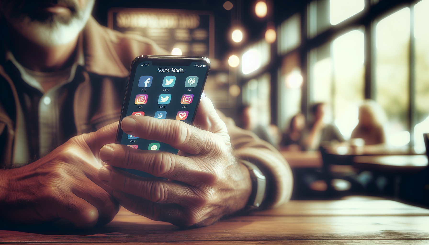 Middle-aged hands holding a smartphone with blurred colorful social media icons on the screen.2024-05-27T03:32:42.092Z