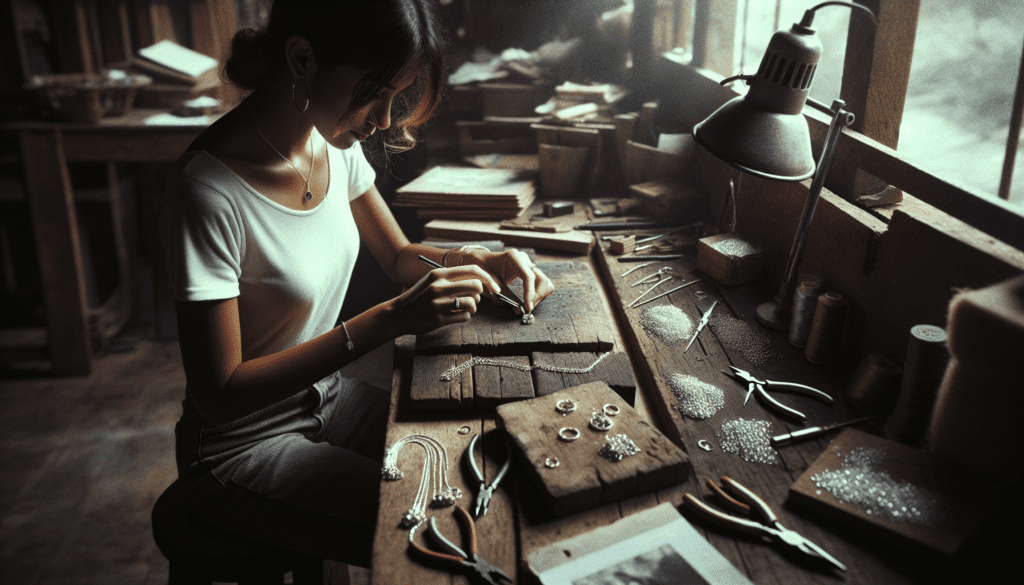 Crafting a Brand? Find Your Spark and Shine! 1 Young entrepreneur carefully assembling jewelry at a cluttered workbench, highlighted by soft daylight.2024-05-28T03:44:38.130Z