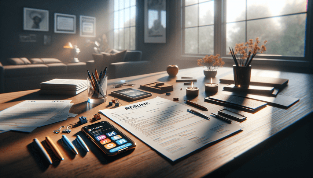 Craft Your Brand for Career Growth 1 "Resume and smartphone with LinkedIn profile on a desk, highlighted by late afternoon natural light."2024-05-28T03:53:01.470Z