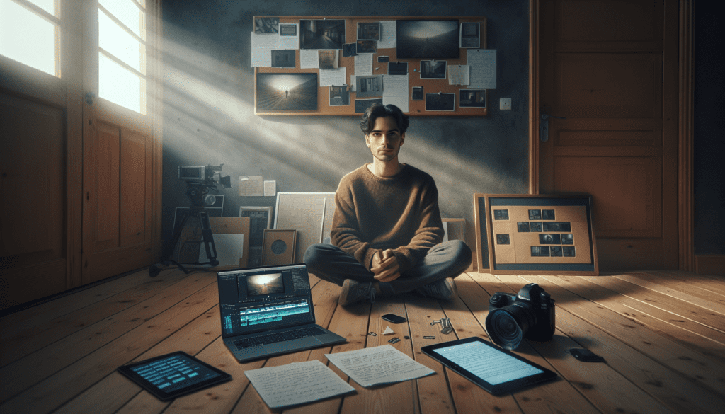 Learn Digital Storytelling in Simple Steps 1 Young adult engaged in digital storytelling, surrounded by devices, in a sunlit, earth-toned living room.2024-05-30T03:33:20.322Z