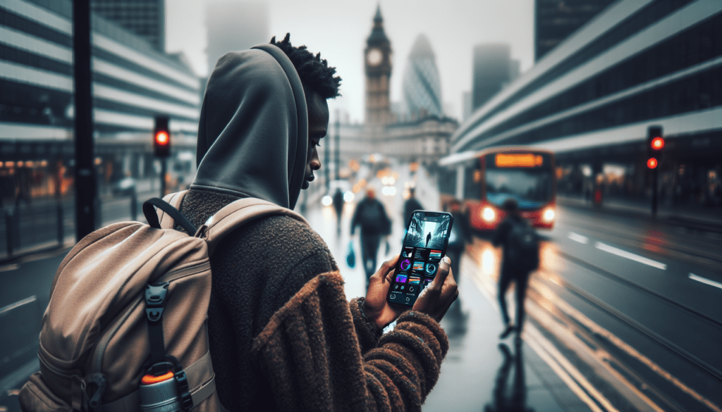 Traveler with backpack using a vibrant AI video generator app on iPhone in a bustling city.2024-05-31T03:32:48.908Z