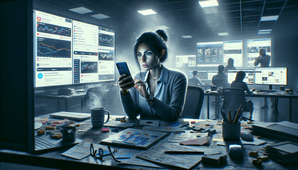 Social Media Marketing Boosts Brand Growth 1 Overworked marketer in a low-lit office, analyzing data on screens, cluttered desk indicating ongoing strategy work.2024-06-03T03:32:35.908Z