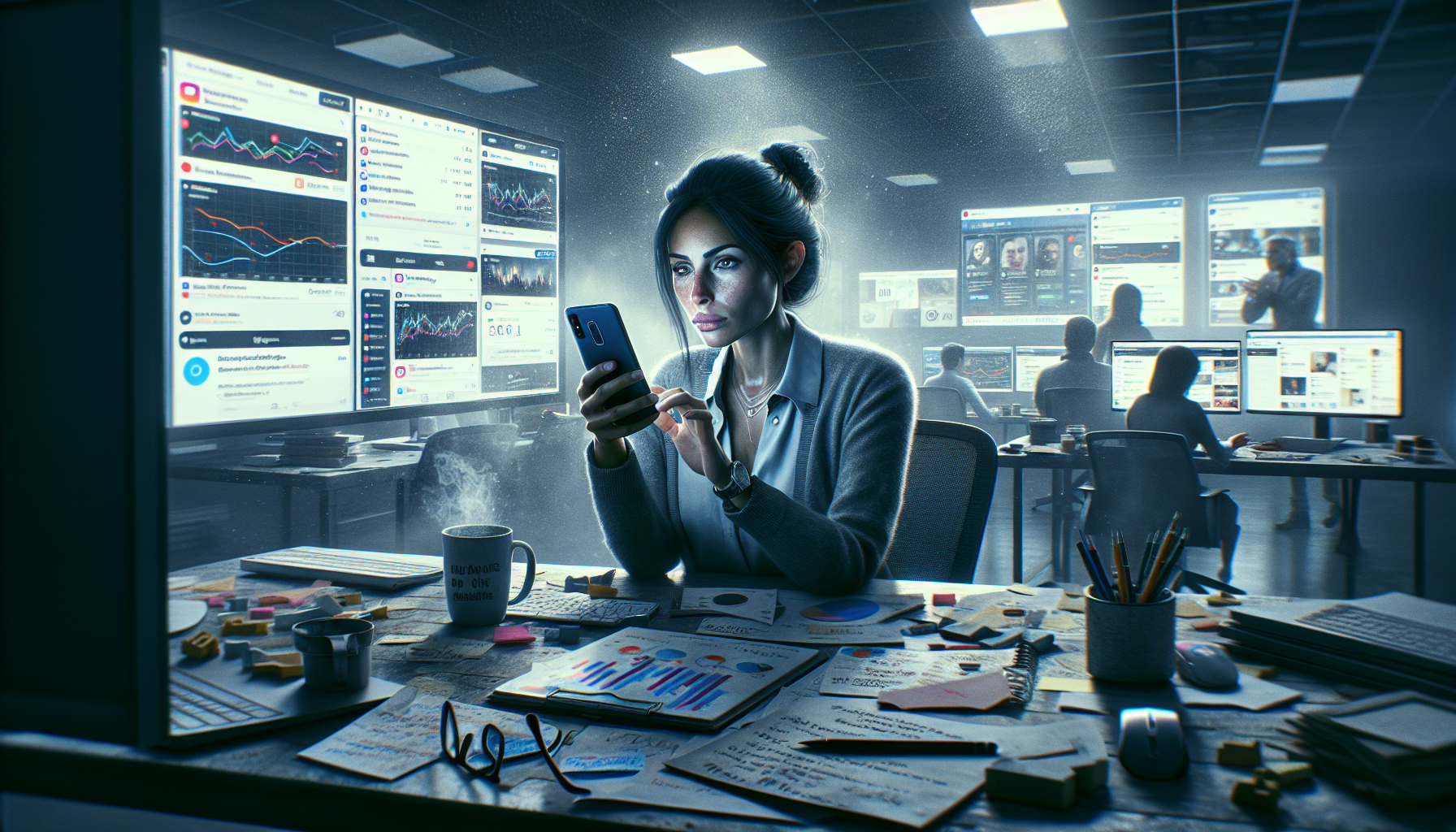 Overworked marketer in a low-lit office, analyzing data on screens, cluttered desk indicating ongoing strategy work.2024-06-03T03:32:35.908Z