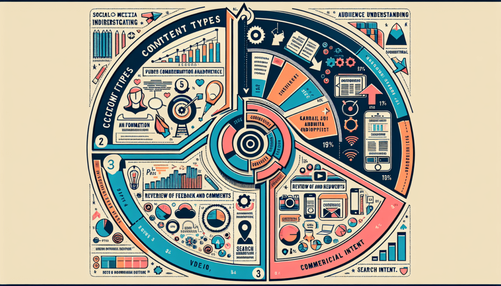 Boost Your Brand with Content Marketing on Social Media 1 Transactional Intent.' - Third arrow with a lightning bolt icon, representing 'Navigational Intent.' - Fourth arrow with a question mark, denoting 'Investigative Intent.' The infographic is color-coded for ease of interpretation and engages the audience with visually represented statistics on the usage of various nuances in digital communication and marketing. Alt text: "Infographic with pie chart of content types, Venn diagram on audience understanding, and arrows indicating search intent."2024-06-05T03:33:09.822Z