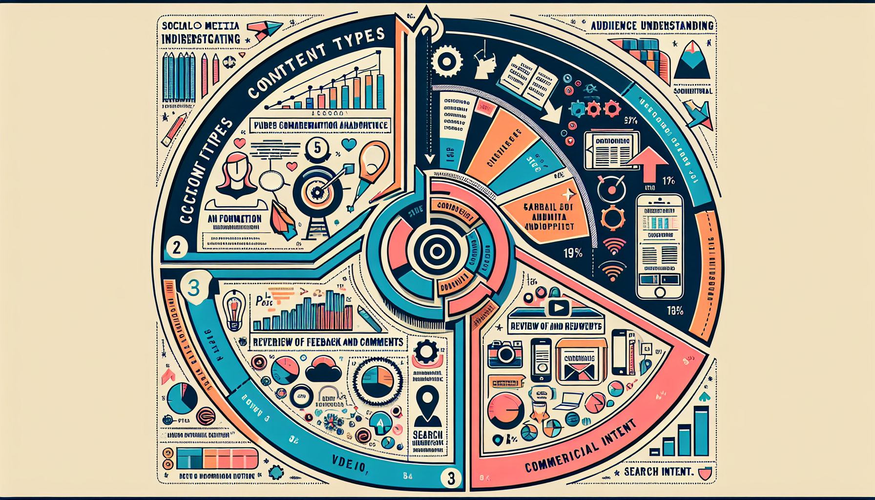 Transactional Intent.' - Third arrow with a lightning bolt icon, representing 'Navigational Intent.' - Fourth arrow with a question mark, denoting 'Investigative Intent.' The infographic is color-coded for ease of interpretation and engages the audience with visually represented statistics on the usage of various nuances in digital communication and marketing. Alt text: "Infographic with pie chart of content types, Venn diagram on audience understanding, and arrows indicating search intent."2024-06-05T03:33:09.822Z