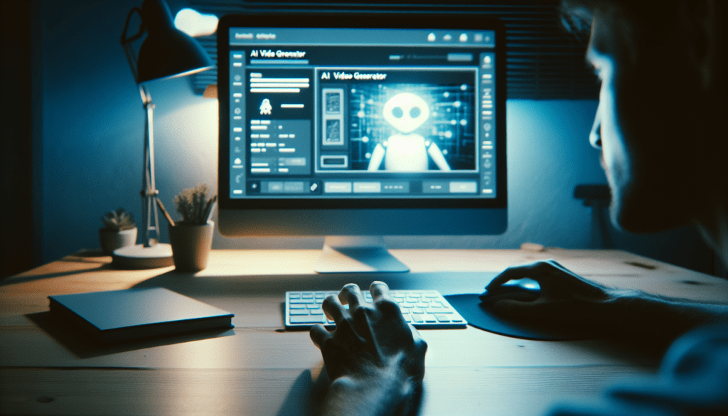 AI Video Generator: Is It Right for You? 1 Hand using mouse with AI video generator interface on screen in a dimly lit home office.2024-06-07T03:32:32.578Z