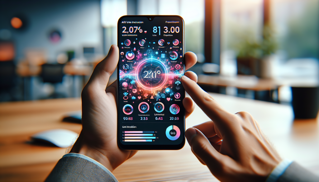 AI shapes how we engage on social media 1 Hands holding iPhone displaying colorful social media AI analytics in a softly-lit office environment.2024-06-10T03:32:44.782Z