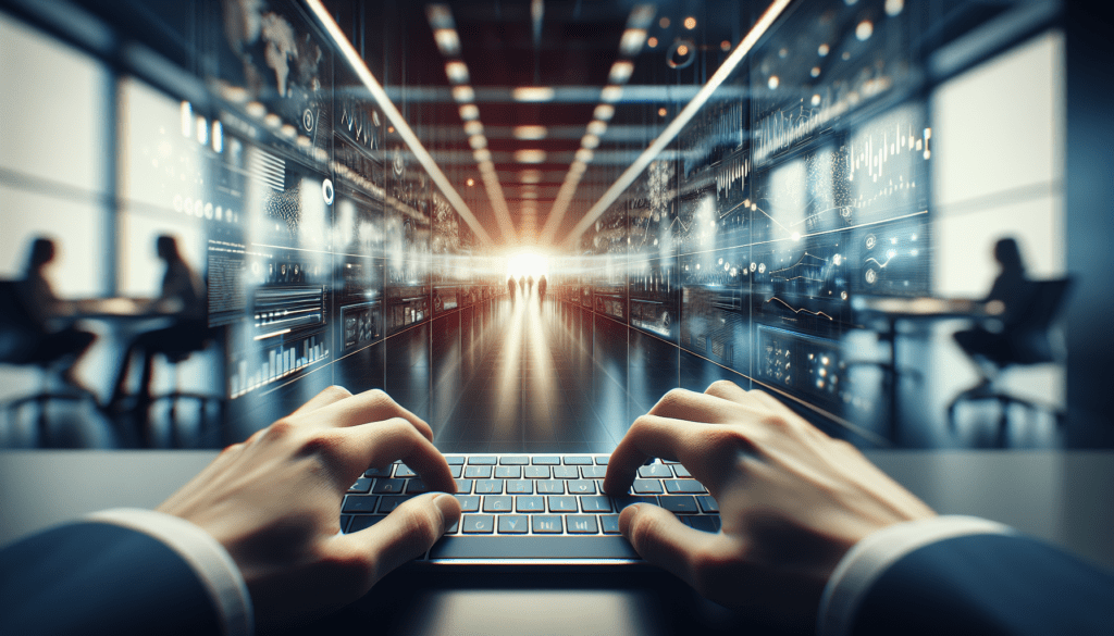 Hands on a keyboard with blurred AI graphs on screens in a modern office.2024-06-11T03:32:54.041Z