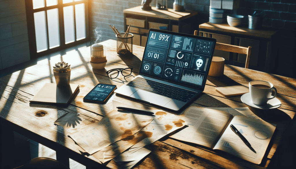 "Laptop displaying analytics on a rustic desk, indicating AI's role in a cozy, sunlit home office."2024-06-12T03:33:07.314Z