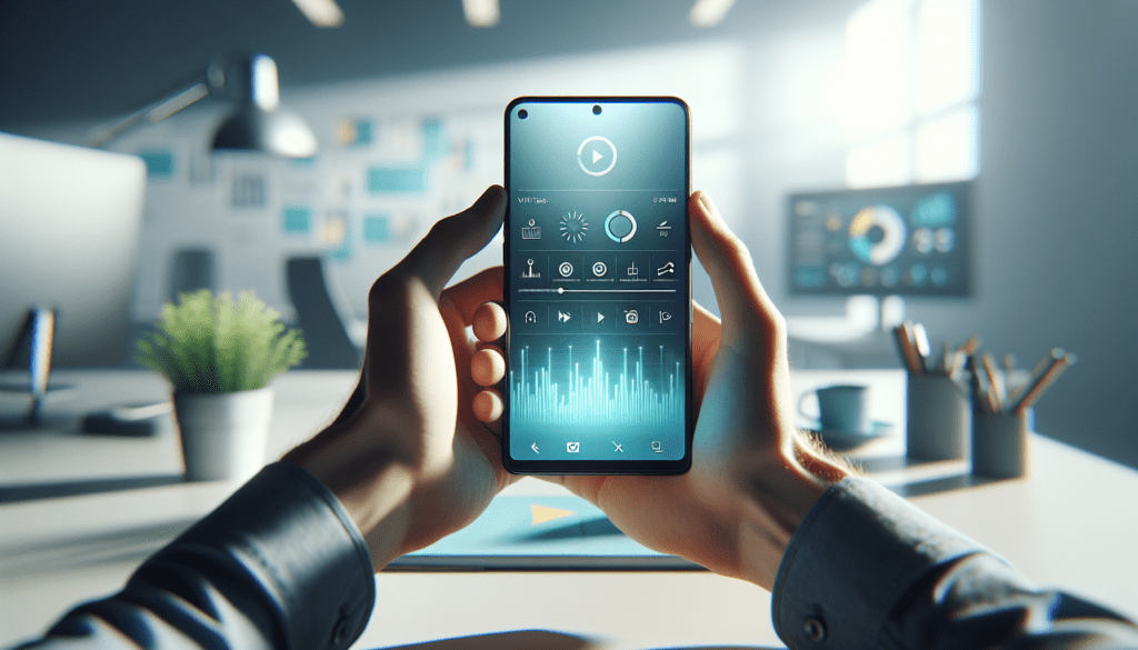 Hands holding smartphone with AI Video Tools on screen in a softly lit office setting.2024-06-13T03:33:02.972Z
