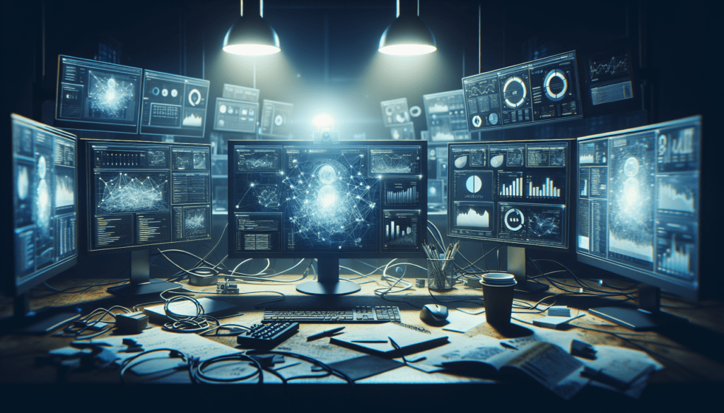 Dimly lit room with cluttered desk, AI-driven market analysis on multiple computer screens.2024-06-14T03:33:17.542Z