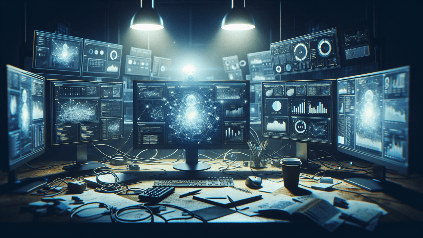 Dimly lit room with cluttered desk, AI-driven market analysis on multiple computer screens.2024-06-14T03:33:17.542Z