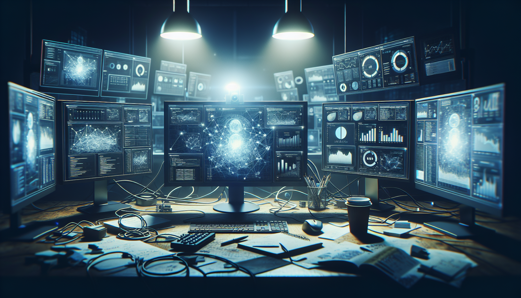 Dimly lit room with cluttered desk, AI-driven market analysis on multiple computer screens.2024-06-14T03:33:17.542Z