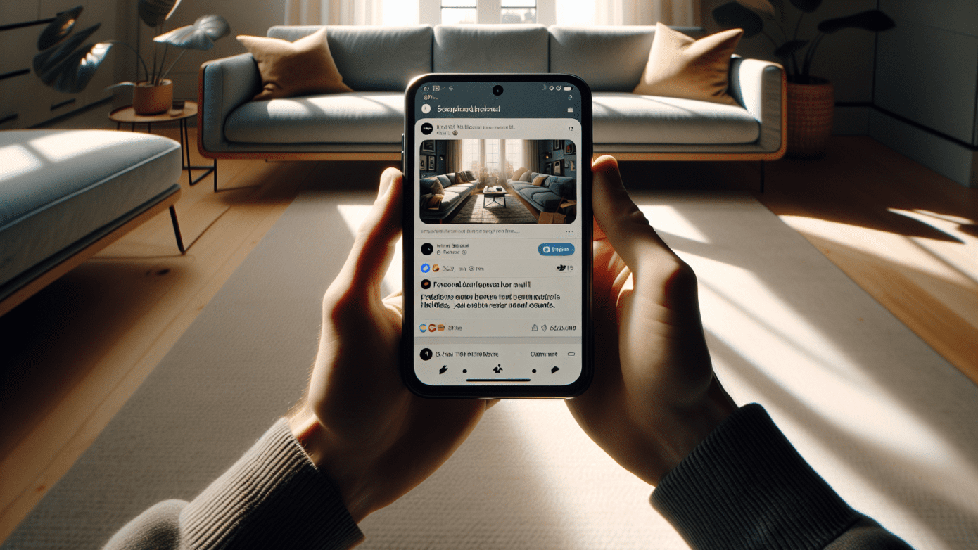 Person holding a phone with targeted social media ads in a sunny modern living room.2024-06-17T03:33:26.272Z