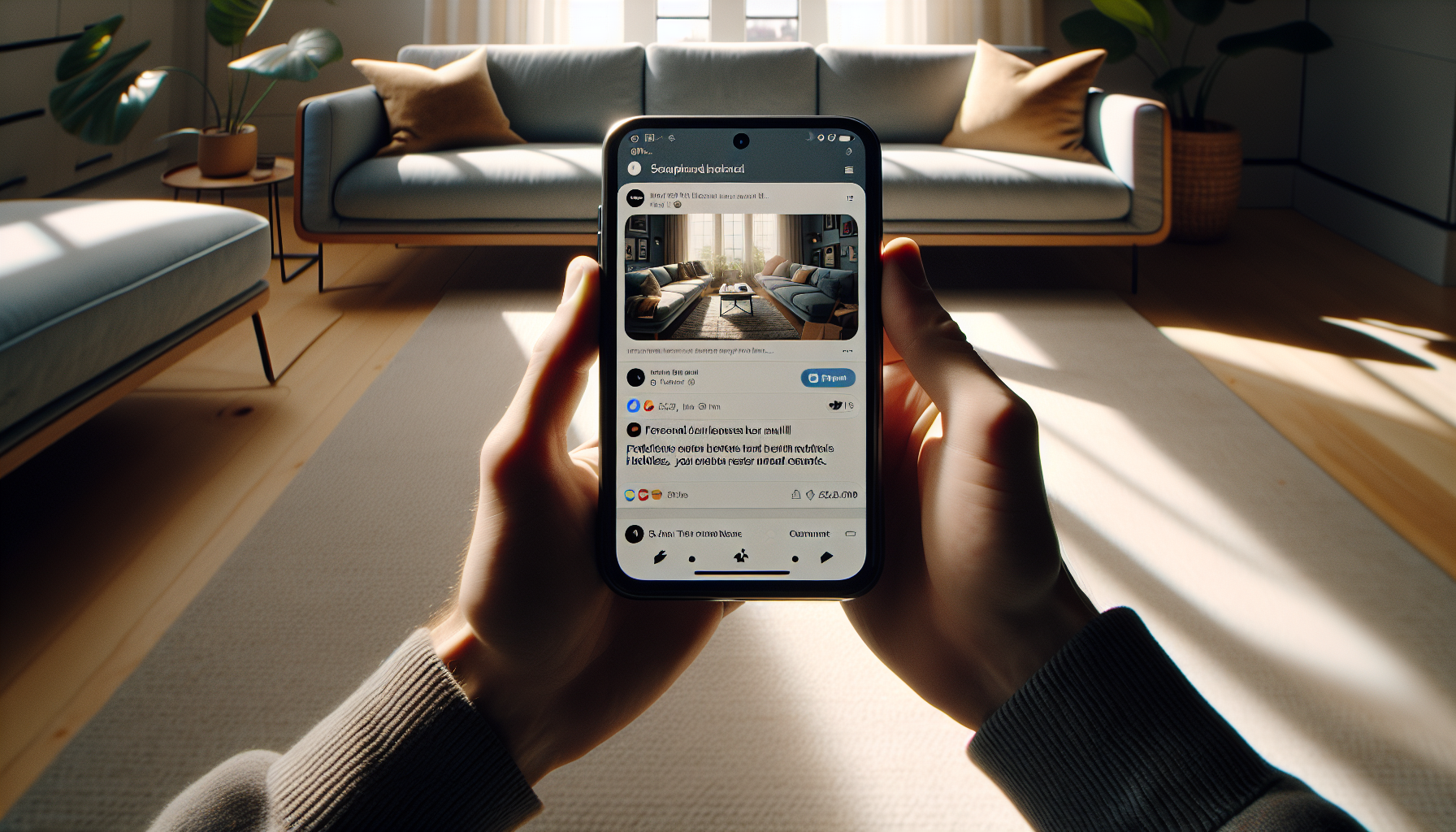 Person holding a phone with targeted social media ads in a sunny modern living room.2024-06-17T03:33:26.272Z