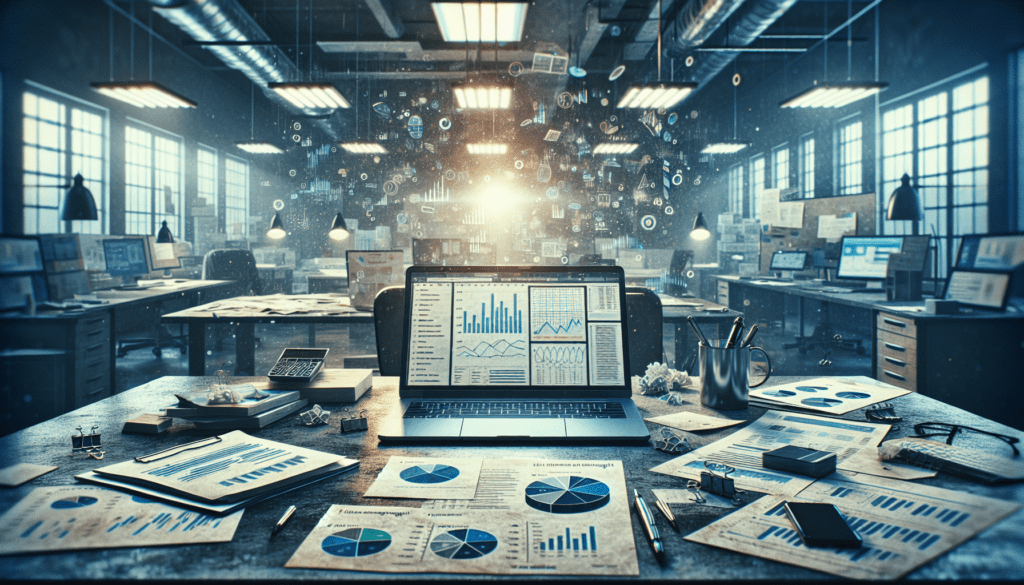 Explore AI Tools for Stronger Branding Strategy 1 Chaotic office desk with AI analytics on laptop and scattered graphs at dusk.2024-06-18T03:32:53.091Z