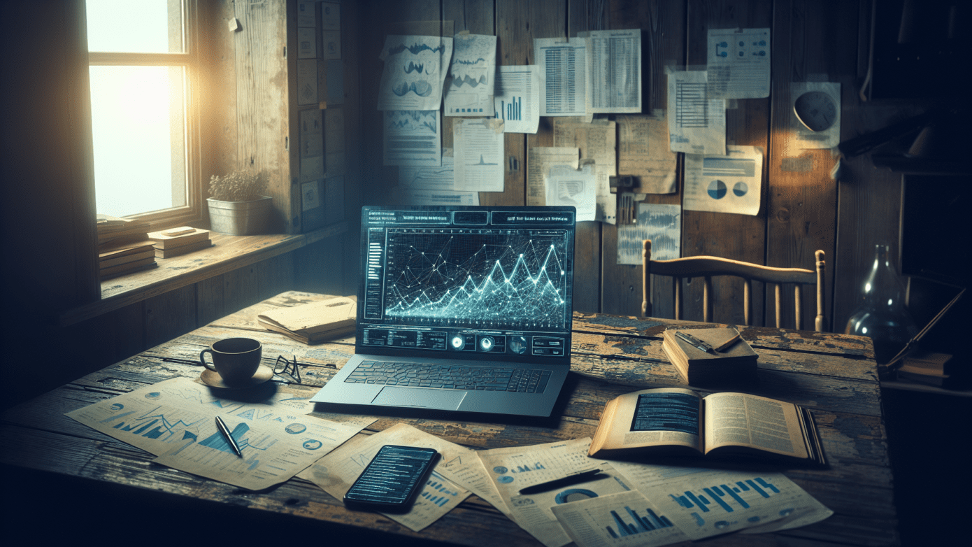 AI Tools: Boost Your Content Strategy 1 Laptop with AI market trends on a scratched table amidst dimly lit, cluttered content strategist's home office.2024-06-19T03:32:25.881Z