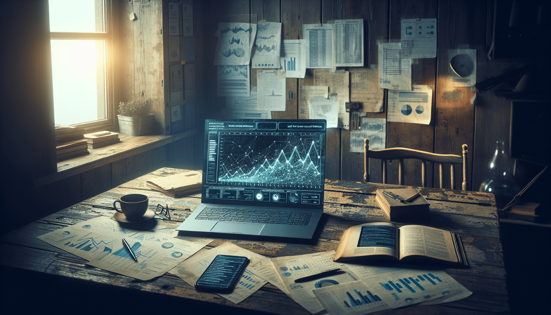 Laptop with AI market trends on a scratched table amidst dimly lit, cluttered content strategist's home office.2024-06-19T03:32:25.881Z