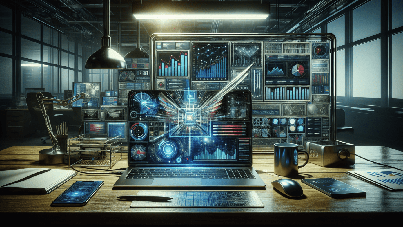 Straight-on view of a laptop displaying colorful graphs in a dim, cluttered office.2024-06-21T03:32:42.105Z