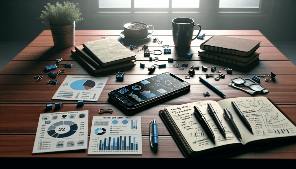 Smartphone with AI analytics on cluttered desk amid social media marketing tools.2024-06-24T03:32:22.725Z