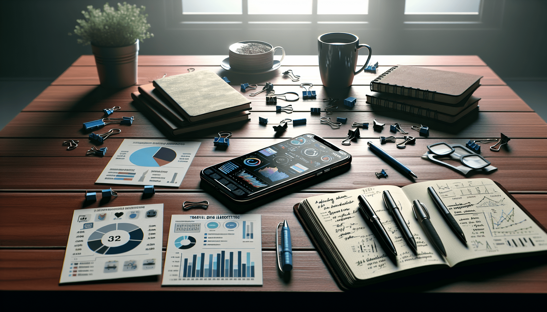 Smartphone with AI analytics on cluttered desk amid social media marketing tools.2024-06-24T03:32:22.725Z