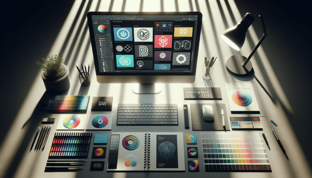 AI Tools Shape Brands and Save Time 1 "Straight-on view of a professional branding workspace with focused AI design elements on the desk and computer screen."2024-06-25T03:32:34.962Z