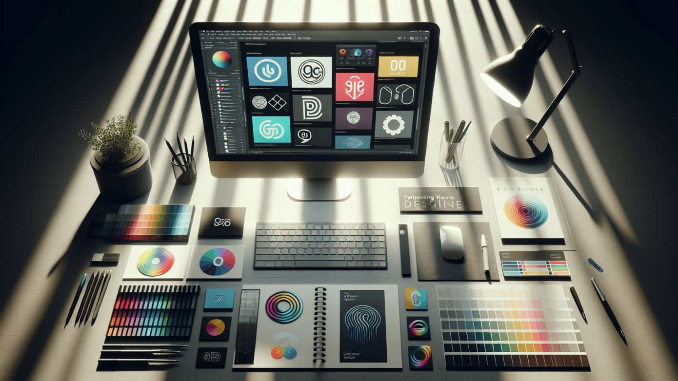 AI Tools Shape Brands and Save Time 1 "Straight-on view of a professional branding workspace with focused AI design elements on the desk and computer screen."2024-06-25T03:32:34.962Z