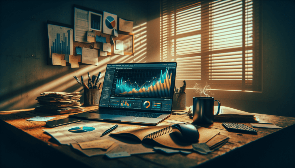 AI Tools Shape Future of Content Marketing 1 Laptop with AI analytics on screen, skewed Dutch angle, in a shadowy, cluttered office.2024-06-26T03:32:38.151Z