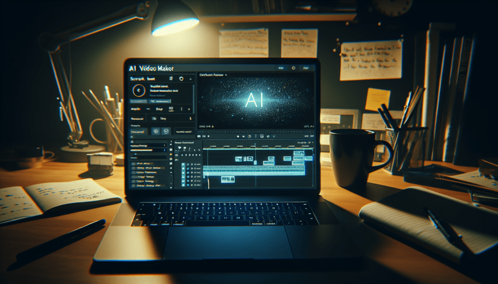 Create with AI: Free Video Maker Unveiled 1 Laptop with AI video maker interface on screen, surrounded by a cluttered workspace and coffee mug.2024-06-27T03:32:59.601Z