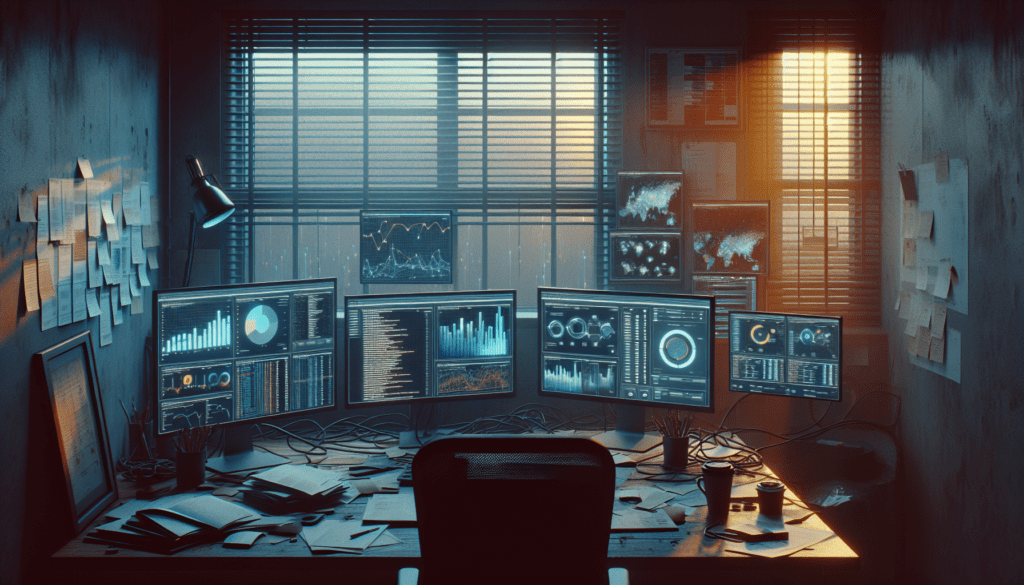 Alt text: Cluttered desk with glowing screens of graphs in dim office at dusk, hints of sunset light.2024-06-28T03:32:40.073Z